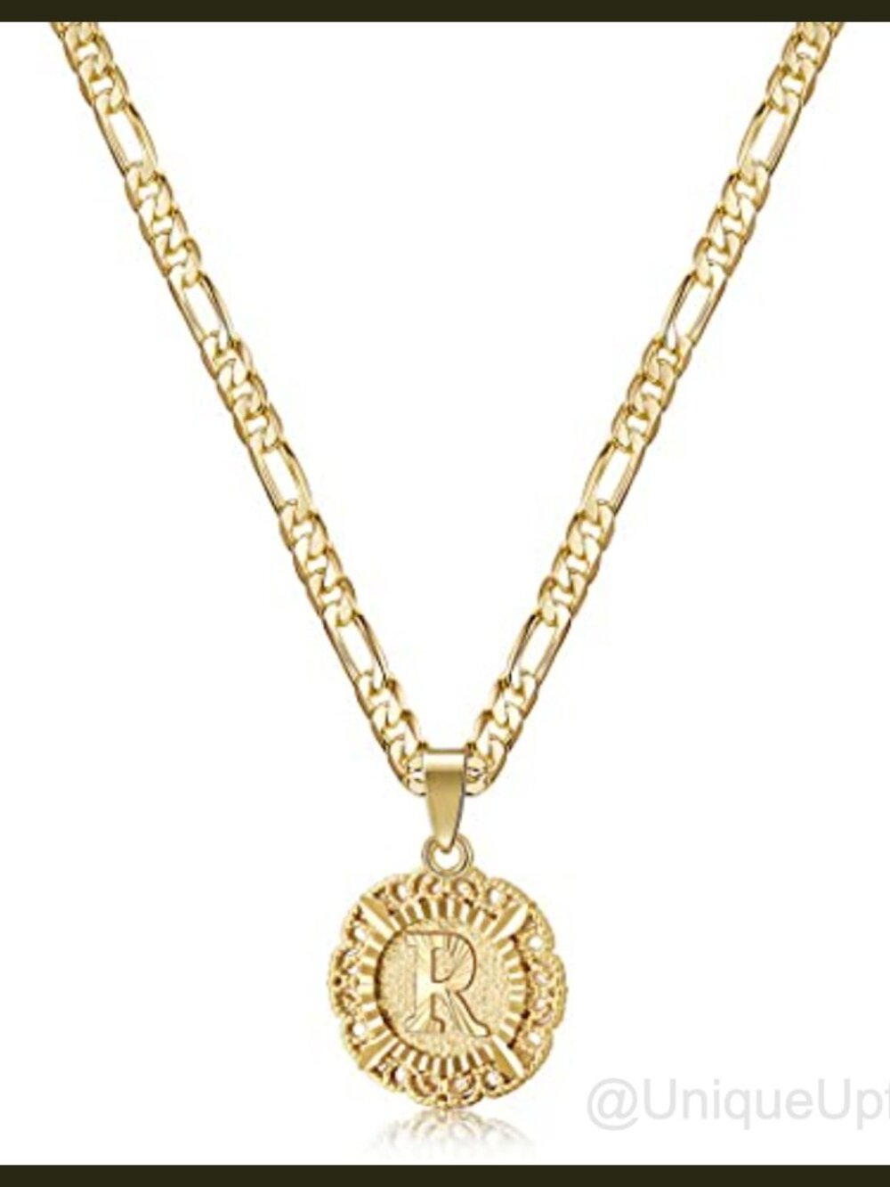 KissYan Initial R Necklace Stainless Steel 14K Gold Plated Figaro Chain Pendant